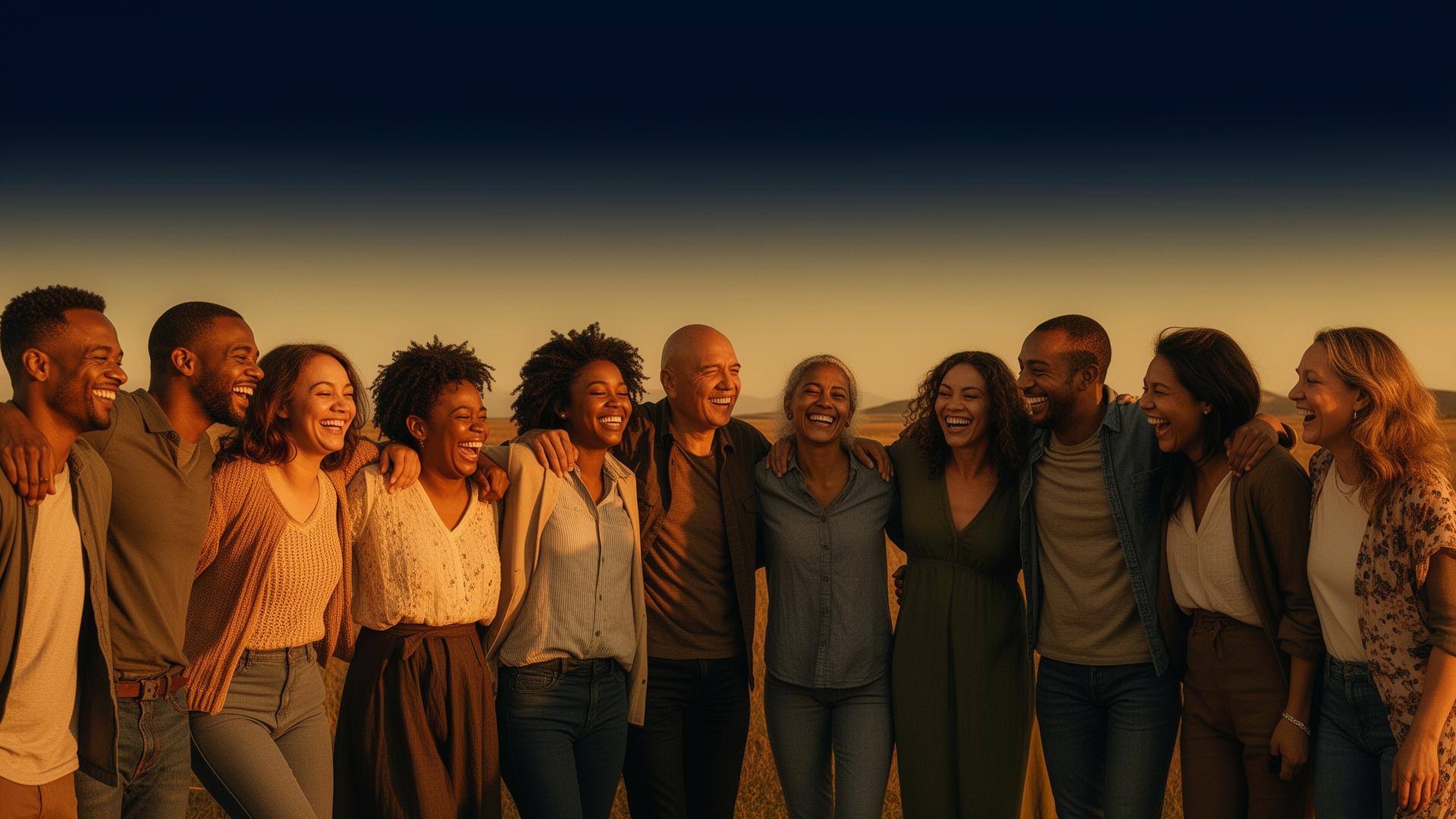 Diverse humans together at golden hour